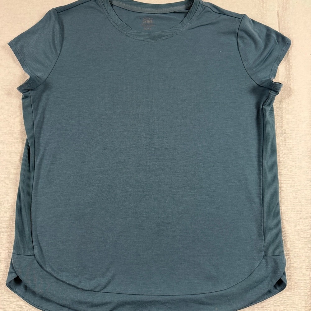 Athleta Girl XL 14 Short Sleeve Active Top Teal Blue Ribbed Sides Sport T-Shirt